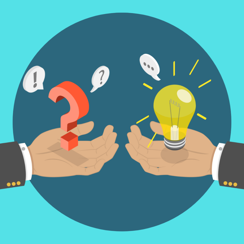 Two hands from either side of picture, on the left the hand is holding a question mark. On the right, the hand is open to a light bulb